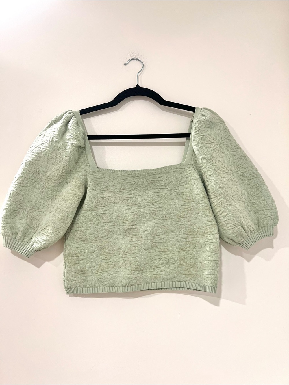 Zara Mint Puff Sleeve Textured Square Neck Top